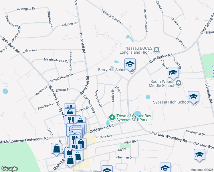 map of restaurants, bars, coffee shops, grocery stores, and more near 17 Wisteria Place in Syosset