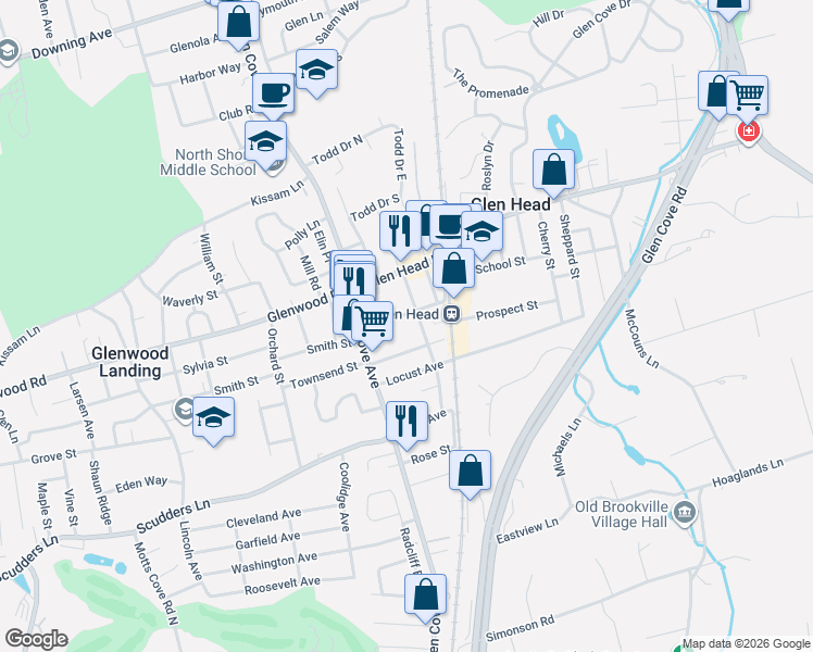 map of restaurants, bars, coffee shops, grocery stores, and more near 7 Oaklawn Avenue in Glen Head