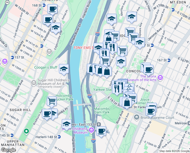 map of restaurants, bars, coffee shops, grocery stores, and more near 943 Ogden Avenue in Bronx