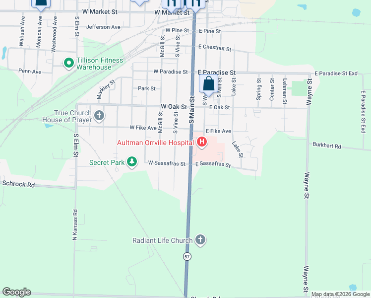 map of restaurants, bars, coffee shops, grocery stores, and more near 853 South Main Street in Orrville