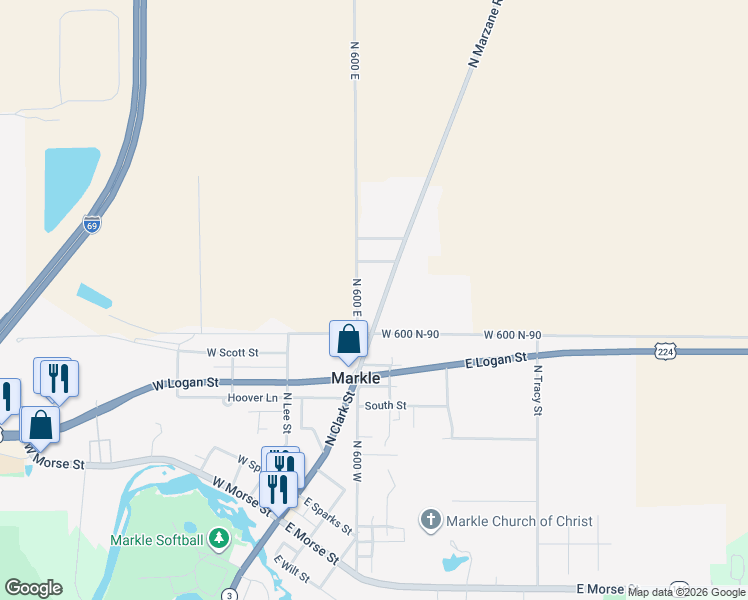 map of restaurants, bars, coffee shops, grocery stores, and more near 735 N Clark St in Markle