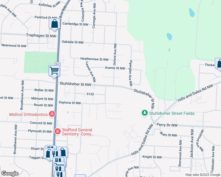 map of restaurants, bars, coffee shops, grocery stores, and more near 7630 Stuhldreher Street Northwest in Massillon