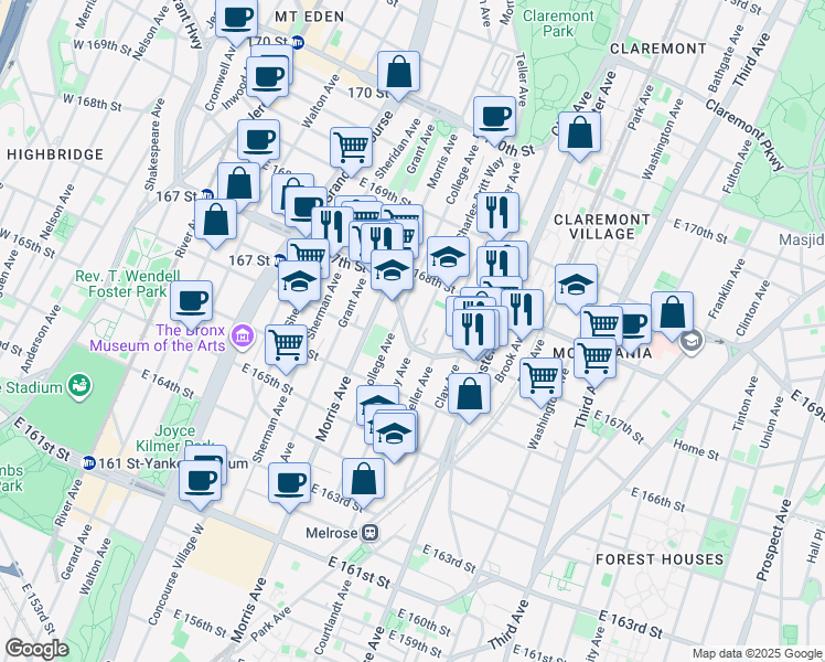 map of restaurants, bars, coffee shops, grocery stores, and more near 1148 Findlay Avenue in Bronx