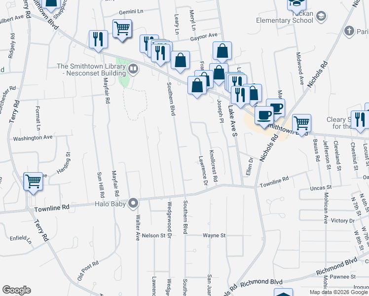 map of restaurants, bars, coffee shops, grocery stores, and more near 4 Young Court in Nesconset