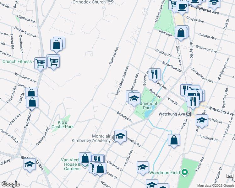 map of restaurants, bars, coffee shops, grocery stores, and more near 181 Upper Mountain Avenue in Montclair