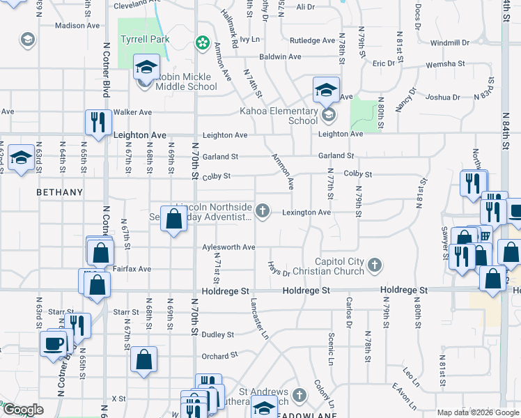 map of restaurants, bars, coffee shops, grocery stores, and more near 7300 Lexington Avenue in Lincoln