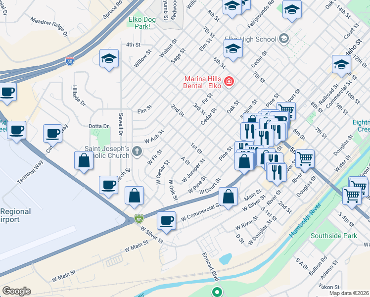 map of restaurants, bars, coffee shops, grocery stores, and more near 876 A Street in Elko