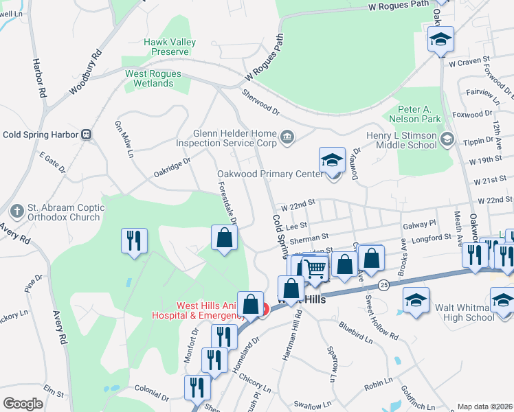 map of restaurants, bars, coffee shops, grocery stores, and more near 5 Timberline Drive in Huntington