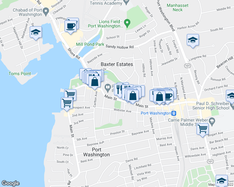map of restaurants, bars, coffee shops, grocery stores, and more near 211 Main Street in Port Washington