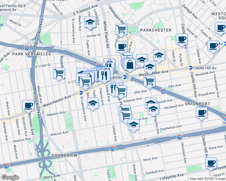 map of restaurants, bars, coffee shops, grocery stores, and more near 1236 Leland Avenue in Bronx