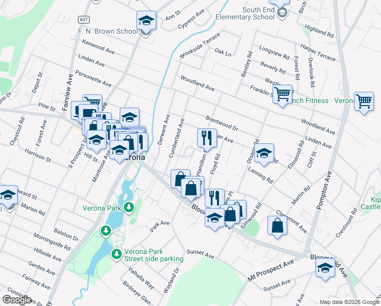 map of restaurants, bars, coffee shops, grocery stores, and more near 36 Hamilton Road in Verona
