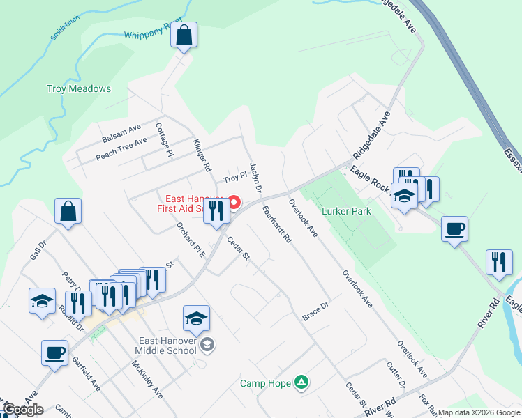 map of restaurants, bars, coffee shops, grocery stores, and more near 559 Ridgedale Avenue in East Hanover