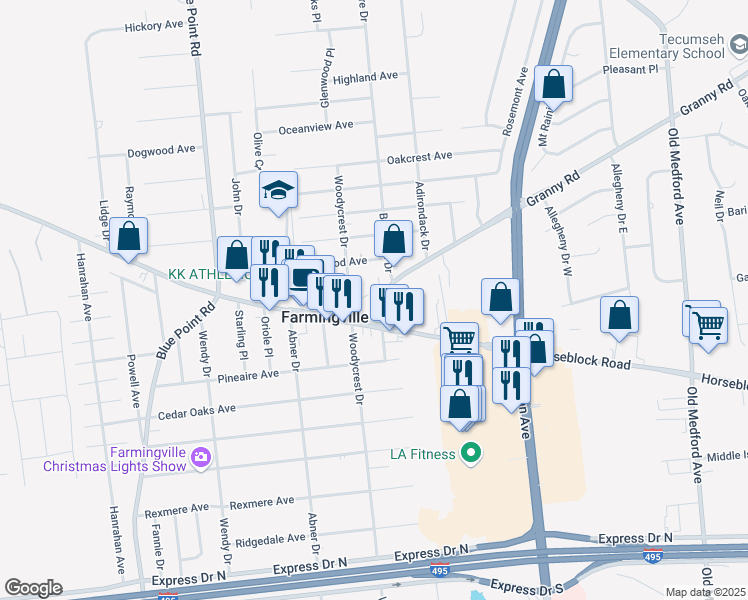 map of restaurants, bars, coffee shops, grocery stores, and more near 2 Greenlawn Place in Farmingville