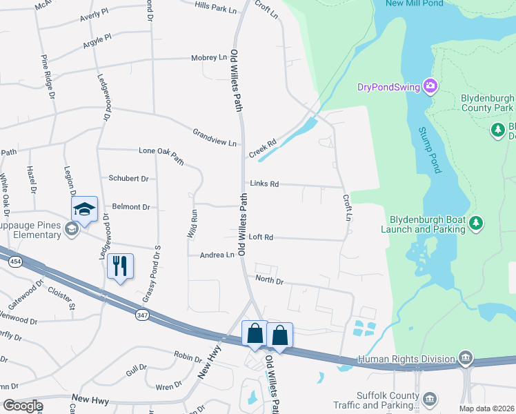 map of restaurants, bars, coffee shops, grocery stores, and more near 295 Old Willets Path in Smithtown