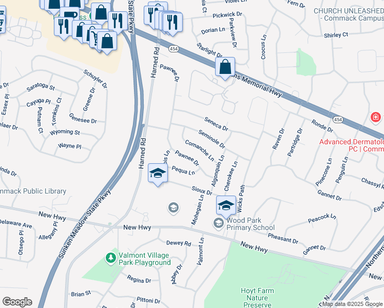 map of restaurants, bars, coffee shops, grocery stores, and more near 54 Pawnee Drive in Commack