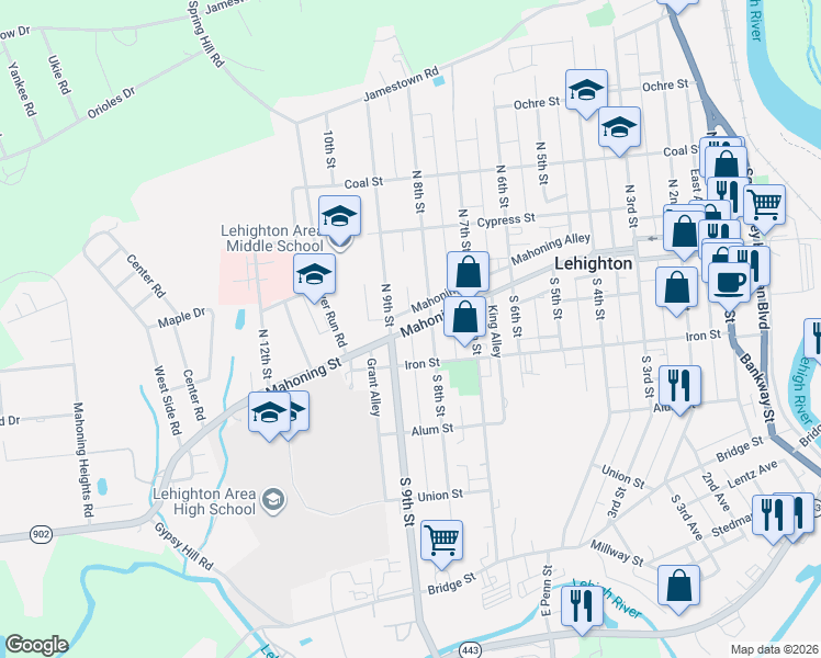 map of restaurants, bars, coffee shops, grocery stores, and more near 837 Mahoning Street in Lehighton