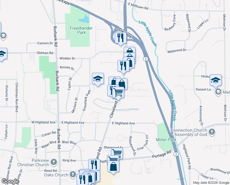 map of restaurants, bars, coffee shops, grocery stores, and more near 2626 Cleveland Road in Wooster