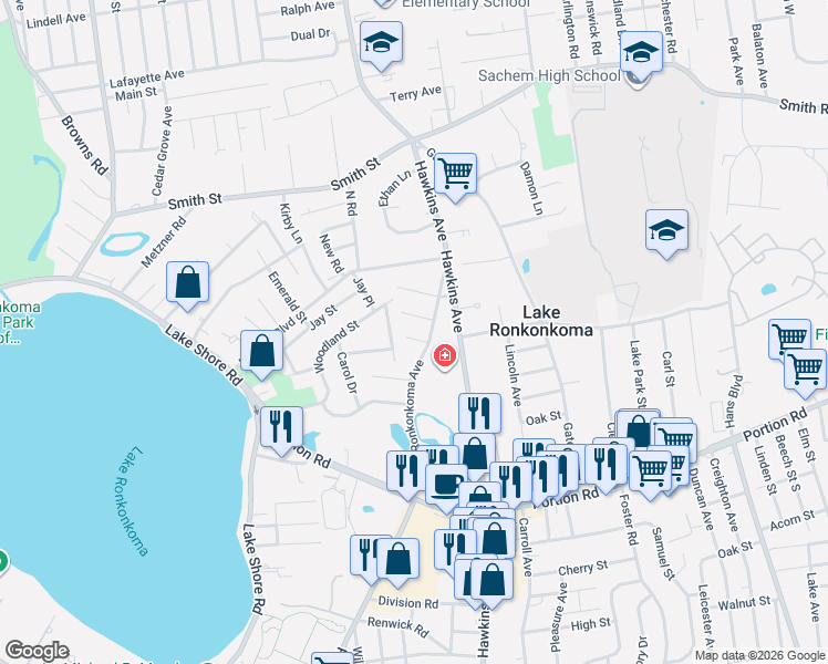 map of restaurants, bars, coffee shops, grocery stores, and more near 30 Ronkonkoma Avenue in Ronkonkoma