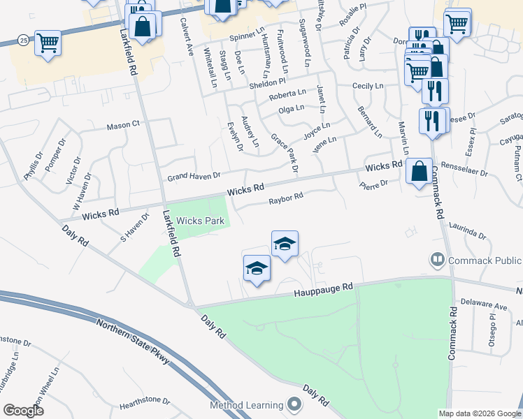 map of restaurants, bars, coffee shops, grocery stores, and more near 29 Raybor Road in Commack