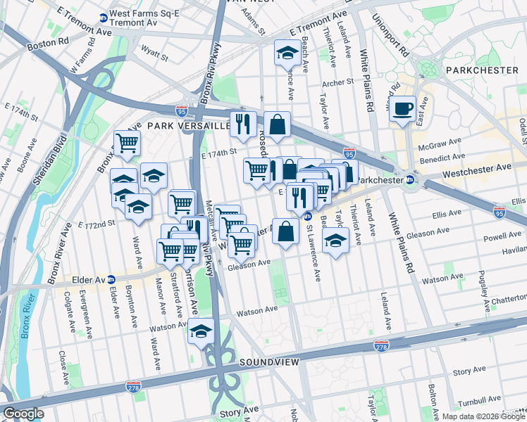 map of restaurants, bars, coffee shops, grocery stores, and more near 1265 Noble Avenue in Bronx