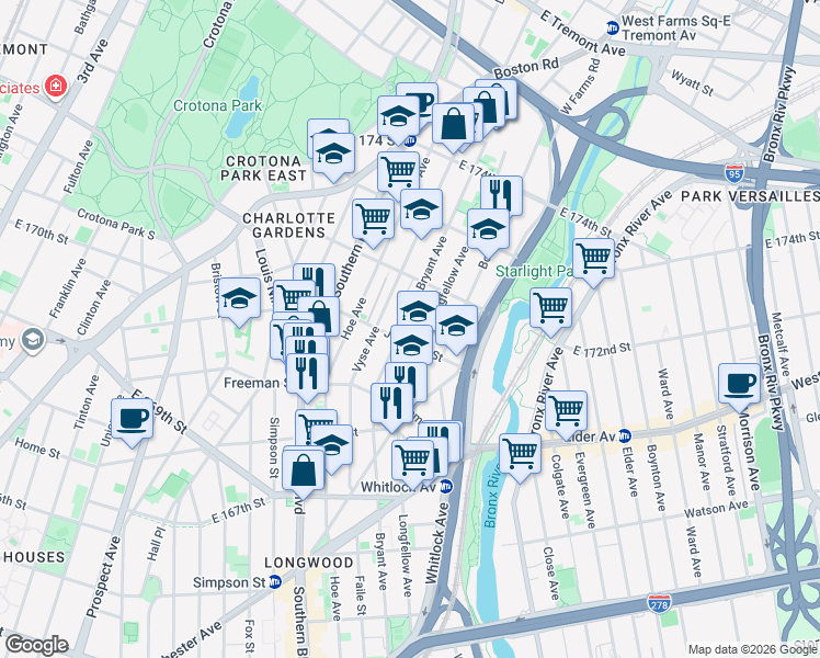 map of restaurants, bars, coffee shops, grocery stores, and more near 1452 Longfellow Avenue in Bronx