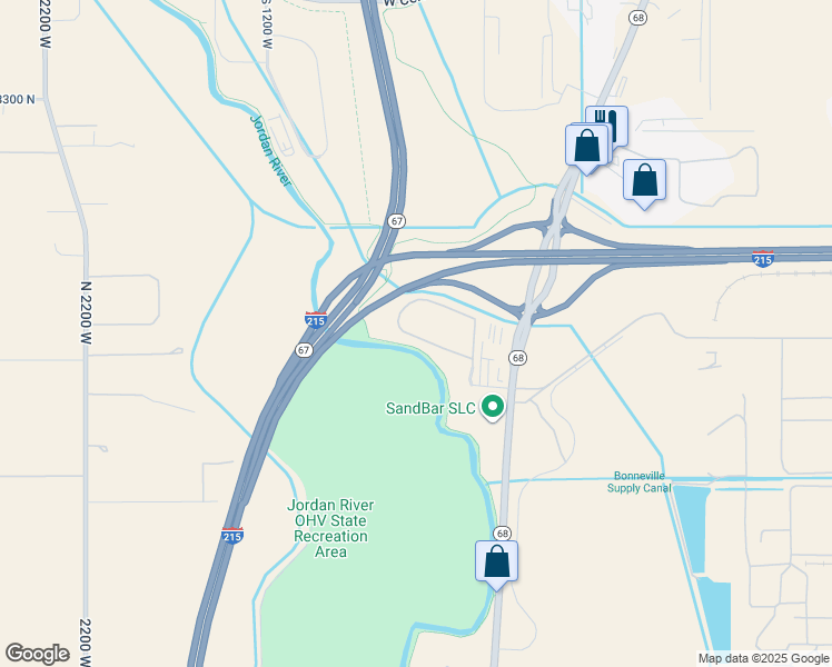 map of restaurants, bars, coffee shops, grocery stores, and more near Jordan River Parkway Trail in North Salt Lake