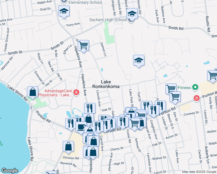 map of restaurants, bars, coffee shops, grocery stores, and more near in Lake Ronkonkoma