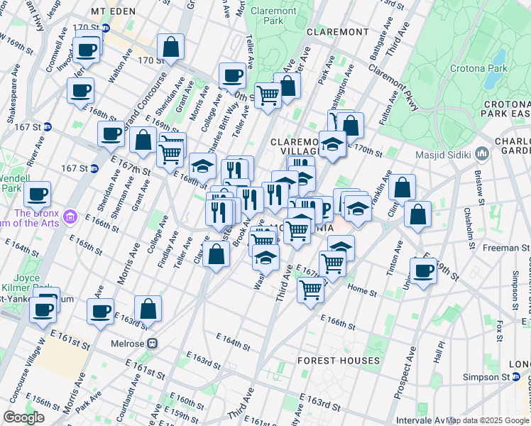 map of restaurants, bars, coffee shops, grocery stores, and more near Park Ave & E 168th St in Bronx