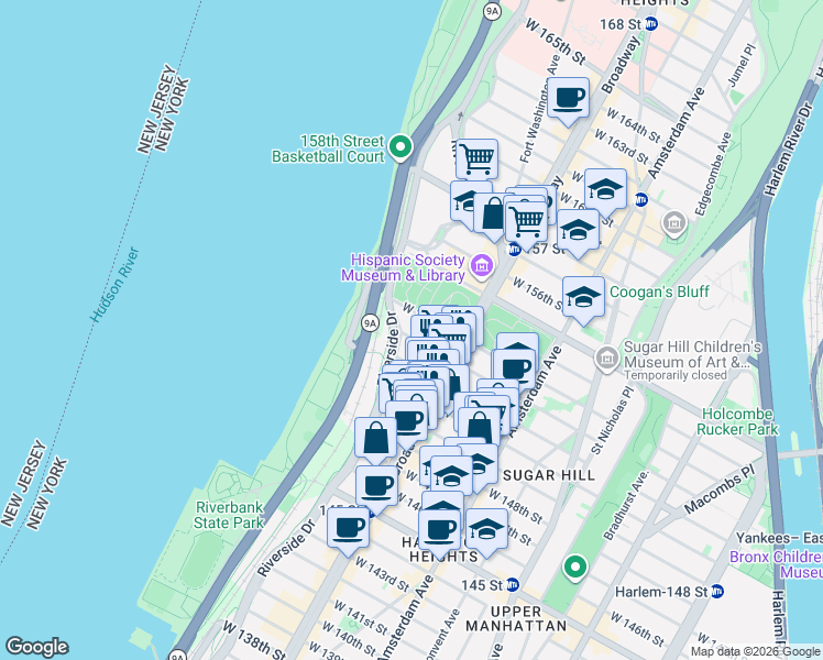 map of restaurants, bars, coffee shops, grocery stores, and more near 625 West 152nd Street in New York