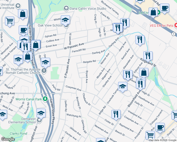 map of restaurants, bars, coffee shops, grocery stores, and more near 69 Bryant Avenue in Bloomfield