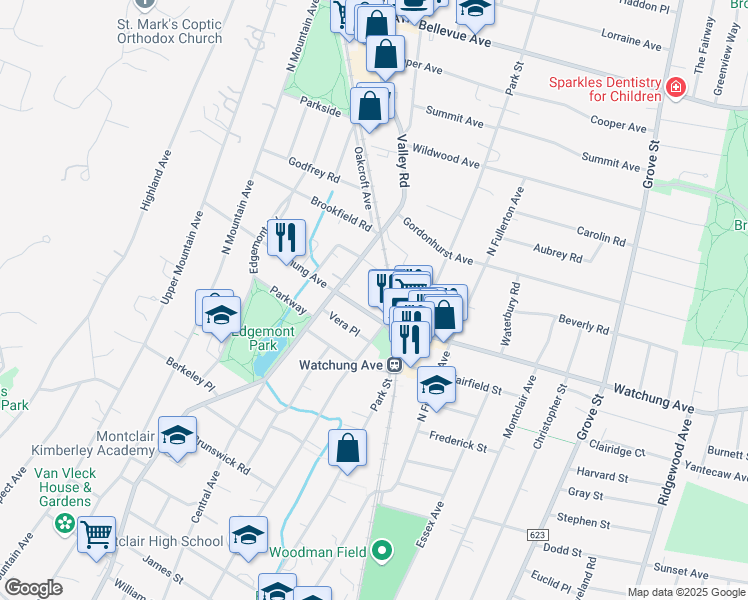 map of restaurants, bars, coffee shops, grocery stores, and more near 88 Watchung Avenue in Montclair