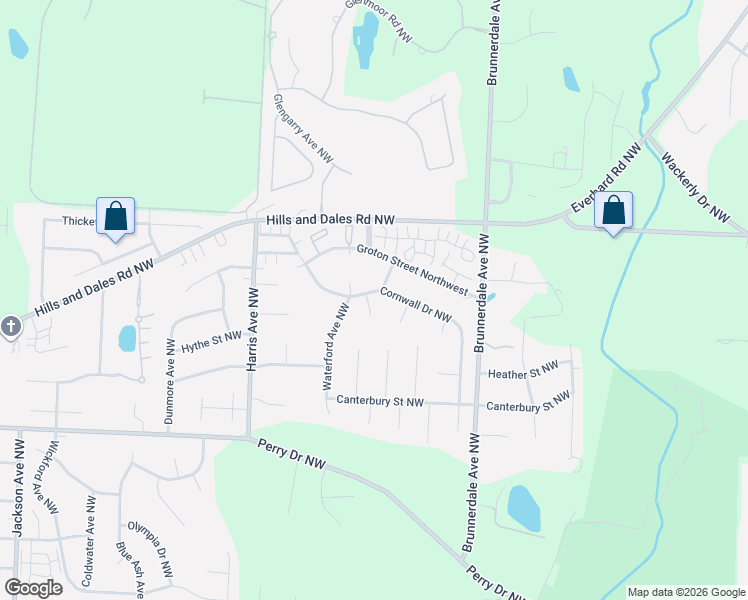 map of restaurants, bars, coffee shops, grocery stores, and more near 3439 Briton Circle Northwest in Canton