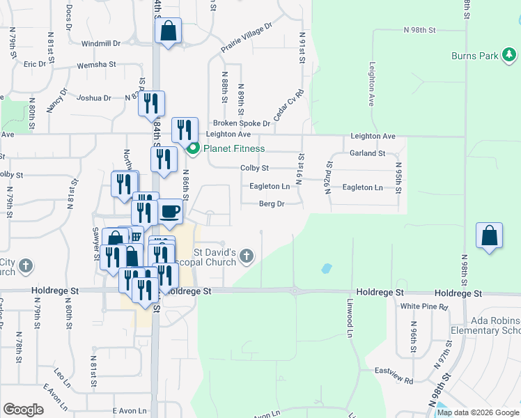 map of restaurants, bars, coffee shops, grocery stores, and more near 8811 Berg Drive in Lincoln
