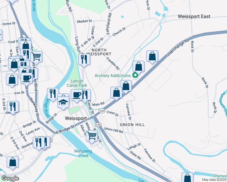 map of restaurants, bars, coffee shops, grocery stores, and more near 214 Main Rd in Lehighton
