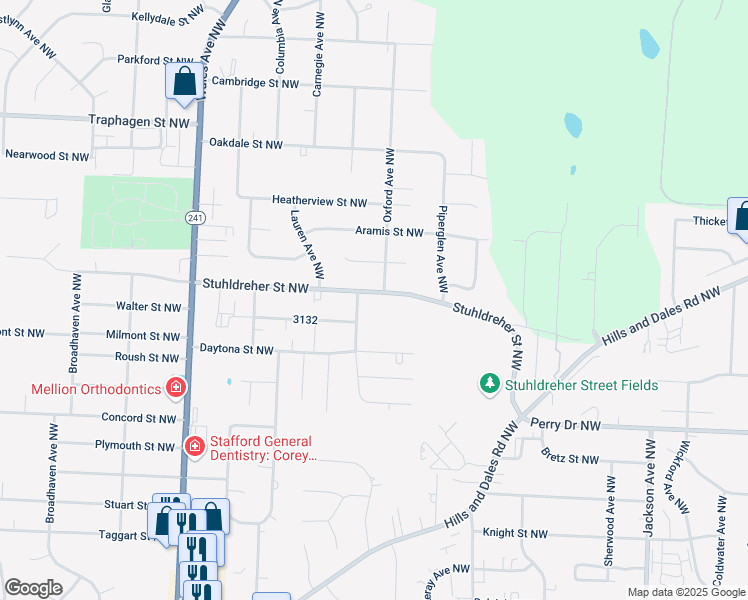 map of restaurants, bars, coffee shops, grocery stores, and more near 7636 Stuhldreher Street Northwest in Massillon