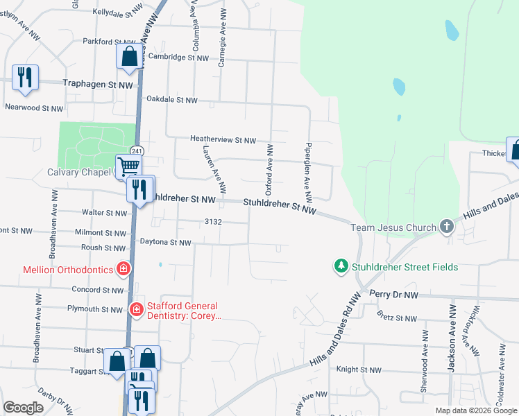 map of restaurants, bars, coffee shops, grocery stores, and more near 7654 Stuhldreher Street Northwest in Massillon