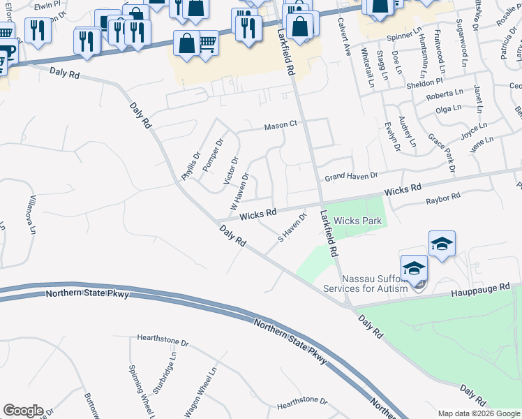 map of restaurants, bars, coffee shops, grocery stores, and more near 24 Wicks Road in East Northport