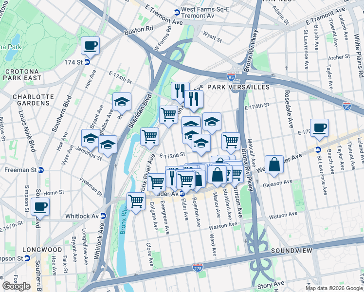 map of restaurants, bars, coffee shops, grocery stores, and more near 1525 East 172nd Street in Bronx