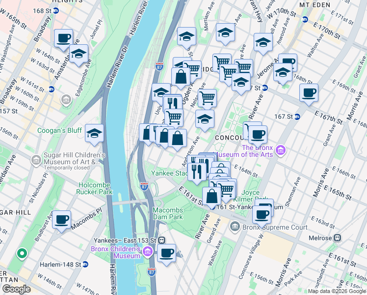 map of restaurants, bars, coffee shops, grocery stores, and more near 955 Woodycrest Avenue in The Bronx