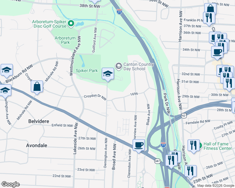 map of restaurants, bars, coffee shops, grocery stores, and more near 2747 Orchard Park Drive Northwest in Canton
