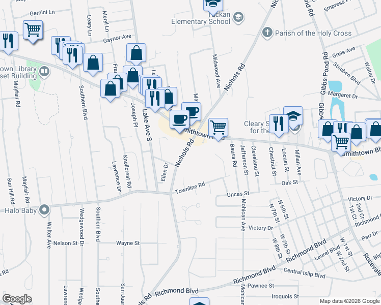map of restaurants, bars, coffee shops, grocery stores, and more near 23 Nichols Road in Nesconset