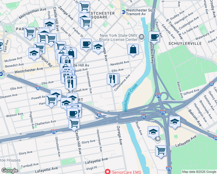 map of restaurants, bars, coffee shops, grocery stores, and more near 1133 Zerega Avenue in The Bronx