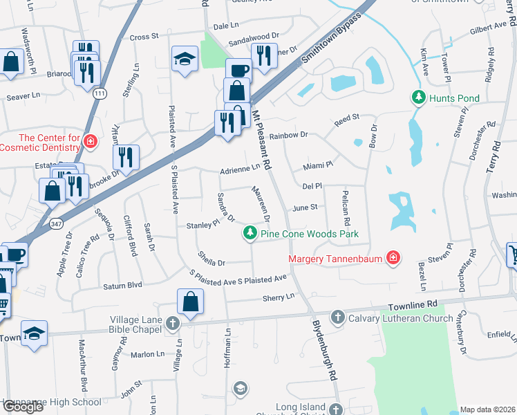 map of restaurants, bars, coffee shops, grocery stores, and more near 28 Maureen Drive in Hauppauge