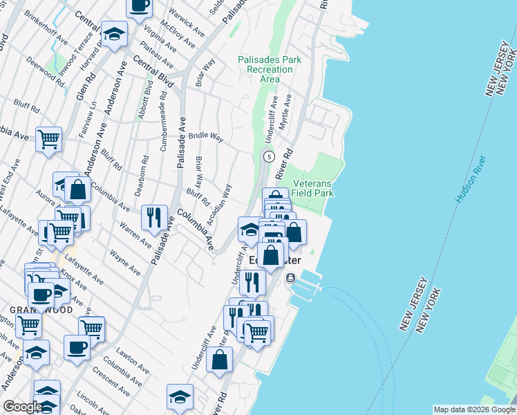map of restaurants, bars, coffee shops, grocery stores, and more near 550 Undercliff Avenue in Edgewater