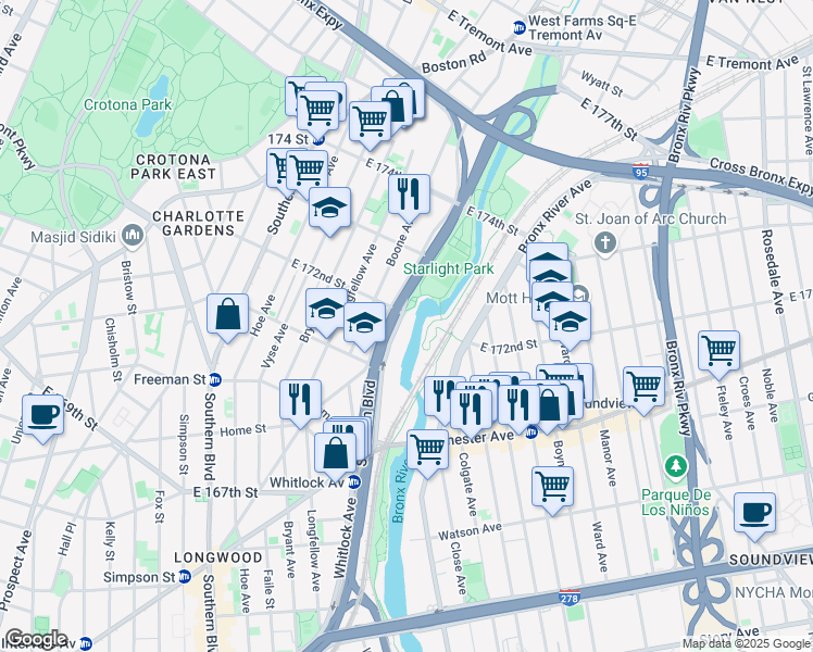 map of restaurants, bars, coffee shops, grocery stores, and more near 1460 Sheridan Boulevard in The Bronx