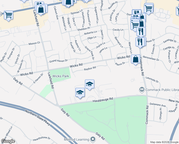 map of restaurants, bars, coffee shops, grocery stores, and more near 21 Raybor Road in Commack