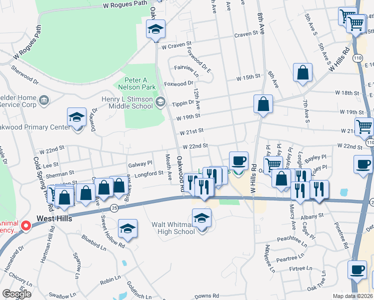 map of restaurants, bars, coffee shops, grocery stores, and more near 4 Mayo Avenue in Huntington