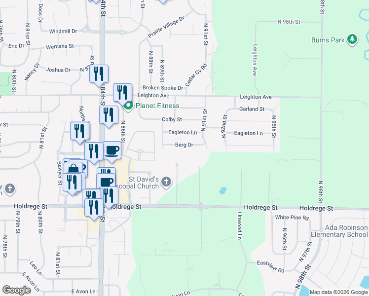 map of restaurants, bars, coffee shops, grocery stores, and more near 8911 Berg Drive in Lincoln