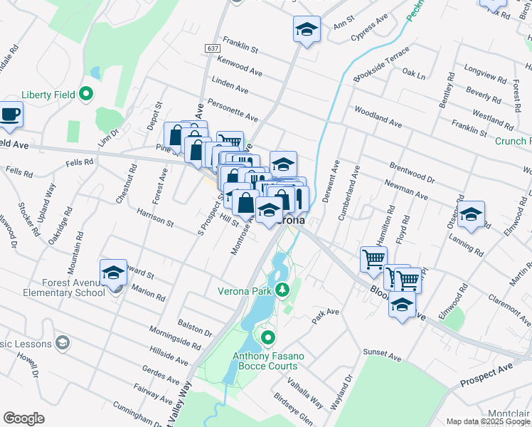 map of restaurants, bars, coffee shops, grocery stores, and more near 11 Montrose Avenue in Verona