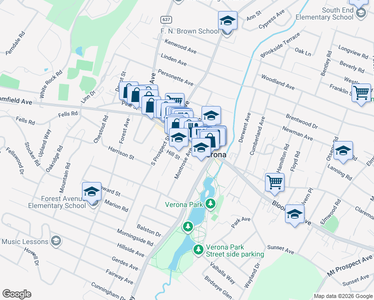 map of restaurants, bars, coffee shops, grocery stores, and more near 11 Montrose Avenue in Verona